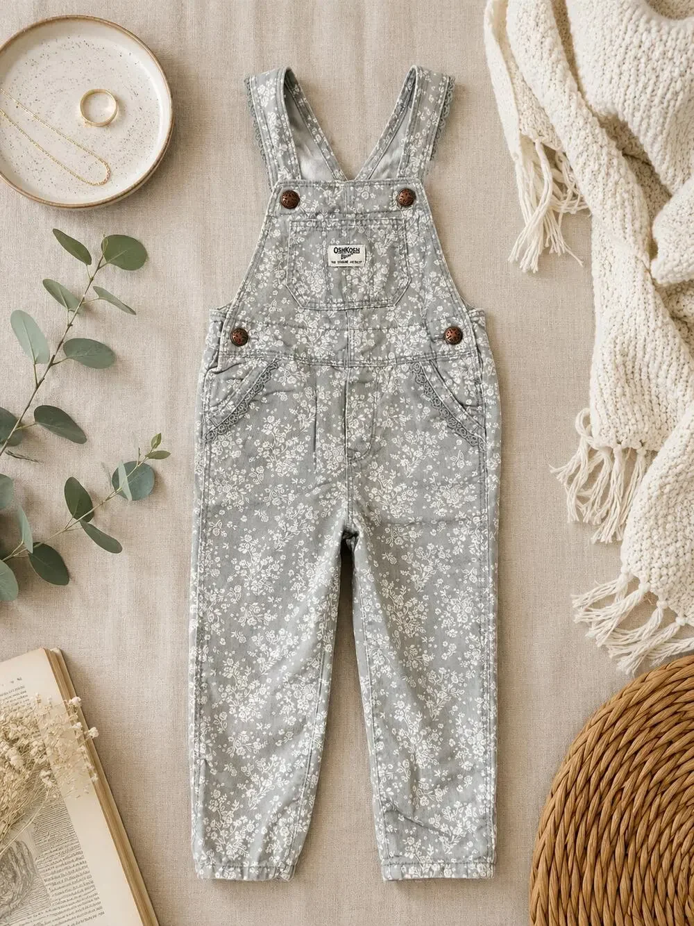 OshKosh B'gosh Girls Floral Overalls Sage Green White 2T Cotton Ditsy Flower